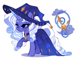 Size: 2331x1788 | Tagged: safe, artist:just-silvushka, oc, oc only, pony, unicorn, g4, adoptable, bell, bell collar, big hat, blue blush, blue coat, blue eyeshadow, blue hooves, blushing, cape, clothes, collar, colored eyebrows, colored hooves, colored horn, crystal horn, curly mane, curly tail, cutie mark, eyelashes, eyeshadow, female, gradient horn, hat, hooves, horn, lidded eyes, long eyelashes, long horn, long mane, long tail, makeup, mare, nose blush, offspring, parent:rarity, parent:star swirl the bearded, raised hoof, reference sheet, ringlets, shadow, shiny eyes, simple background, smiling, solo, sparkly eyeshadow, standing, tail, transparent background, two toned mane, two toned tail, unicorn oc, white sclera, wingding eyes, wizard hat