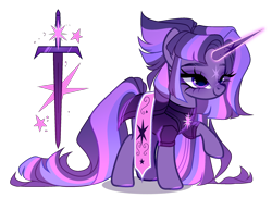 Size: 2312x1679 | Tagged: safe, artist:just-silvushka, oc, oc only, unnamed oc, pony, unicorn, g4, adoptable, armor, banner, big eyes, blushing, bodysuit, clothes, clothes swap, coat markings, colored hooves, cutie mark, eyebrow slit, eyebrows, eyelashes, eyeshadow, facial markings, facial scar, female, glowing, glowing horn, hooves, horn, long eyelashes, long horn, long mane, long tail, magical lesbian spawn, makeup, mare, multicolored mane, multicolored tail, nose blush, nose scar, offspring, parent:tempest shadow, parent:twilight sparkle, parents:tempestlight, pink hooves, ponytail, purple eyes, purple fur, purple mane, purple tail, raised hoof, reference sheet, scar, shadow, shiny eyes, short mane, simple background, solo, standing, star (coat marking), storm guard, striped mane, striped tail, sword, tail, three toned mane, three toned tail, tied mane, transparent background, wall of tags, weapon, white sclera