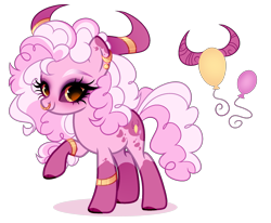 Size: 2097x1728 | Tagged: safe, artist:just-silvushka, oc, oc only, unnamed oc, hybrid, pony, g4, adoptable, bangles, bracelet, cloven hooves, coat markings, colored eyebrows, colored hooves, colored horns, colored sclera, curly mane, curly tail, cutie mark, ear markings, ear piercing, earring, eyelashes, eyeshadow, female, gold jewelry, golden eyes, hooves, horn, horn jewelry, horns, interspecies offspring, jewelry, long eyelashes, long mane, long tail, makeup, mare, next generation, nose piercing, offspring, parent:pinkie pie, parent:tirek, parents:tirekpie, piercing, pink coat, pink fur, pink mane, pink tail, purple eyeshadow, purple sclera, red hooves, reference sheet, septum piercing, simple background, socks (coat markings), solo, splotches, spots, standing, tail, transparent background, two toned mane, two toned tail, white sclera, yellow eyes