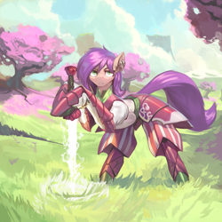 Size: 3000x3000 | Tagged: safe, artist:nsilverdraws, oc, oc only, oc:crystal tinder, earth pony, pony, armor, armored pony, cherry blossoms, day, detailed background, ear piercing, earth pony oc, female, flower, flower blossom, grass, grass field, guardsmare, high res, mare, outdoors, parent:oc:harmony, parent:oc:rose tinder, piercing, royal guard, solo, sword, weapon