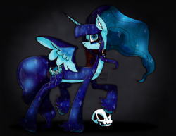 Size: 3290x2536 | Tagged: safe, alternate version, artist:maniczombiedreamgirl, oc, oc only, oc:daylights end, alicorn, 2024, 3d cutie mark, artfight, bald face, blaze (coat marking), blue coat, blue eyes, blue mane, choker, coat markings, colored pinnae, countershading, ear fluff, facial markings, female, flowing hair, flowing mane, flowing tail, looking at you, moon, simple background, skull, slit pupils, solo, spread wings, standing, standing on two hooves, stars, stepping on something, tail, unshorn fetlocks, watermark, wings