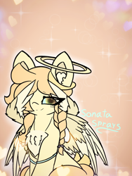 Size: 4096x5461 | Tagged: safe, artist:sodapop sprays, oc, oc only, oc:sonata sprays, angel, pony, seraph, bracelet, braid, chest fluff, ear fluff, folded wings, freckles, hair over one eye, halo, jewelry, looking at you, multiple wings, solo, spread wings, wings, wings down, wings over one eye