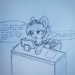 Size: 1496x1496 | Tagged: safe, artist:sodapop sprays, derpy hooves, pegasus, pony, g4, cash register, freckles, hat, mcdonald's, solo, traditional art, worried