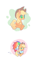 Size: 1653x2780 | Tagged: safe, artist:zss331, applejack, rainbow dash, earth pony, pony, g4, applejack's hat, blushing, bracelet, colored, colored pinnae, cowboy hat, cute, duo, duo female, eyebrows, eyebrows visible through hair, eyelashes, female, flat colors, freckles, hat, hugging a pony, jackabetes, jewelry, lesbian, lidded eyes, looking at someone, lying down, no pupils, open mouth, open smile, passepartout, ponyloaf, ponytail, prone, ship:appledash, shipping, simple background, smiling, stetson, sweat, sweatdrop, tail, text, tied mane, tied tail, white background
