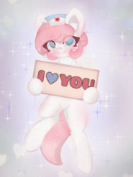 Size: 4096x5461 | Tagged: safe, artist:sodapop sprays, nurse redheart, earth pony, pony, g4, abstract background, blushing, colored pinnae, cute, ear fluff, eye clipping through hair, eyebrows, eyebrows visible through hair, eyelashes, female, freckles, hair bun, hat, heartabetes, holding sign, hoof hold, i love you, in air, leg blush, looking at you, mare, no pupils, nurse hat, positive message, positive ponies, sign, solo, sparkly mane, sparkly tail, tail, tied mane