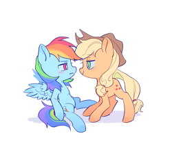 Size: 1127x1018 | Tagged: safe, artist:zss331, applejack, rainbow dash, earth pony, pegasus, g4, applejack's hat, blue hooves, blush lines, blushing, chibi, colored eartips, colored hooves, cowboy hat, duo, duo female, eyebrows, eyebrows visible through hair, female, freckles, hat, hooves, lesbian, lidded eyes, looking at each other, looking at someone, narrowed eyes, orange hooves, ponytail, profile, shadow, ship:appledash, shipping, simple background, sitting, smiling, smiling at each other, spread wings, standing, stetson, tail, tied mane, tied tail, wavy mouth, white background, wings