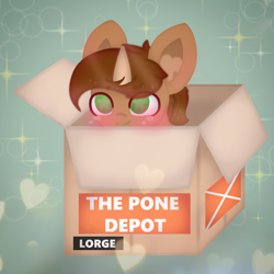 Size: 1226x1226 | Tagged: safe, artist:sodapop sprays, oc, oc only, oc:copper core, pony, unicorn, abstract background, box, commission, horn, meme, pony in a box, solo, unicorn oc, ych result, your character here