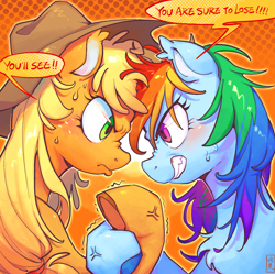 Size: 1798x1789 | Tagged: safe, artist:千雲九枭, applejack, rainbow dash, earth pony, pegasus, pony, g4, abstract background, applejack's hat, arm wrestling, blonde mane, blue coat, blue hooves, blushing, brown hooves, chest fluff, colored hooves, colored pinnae, competitive, cowboy hat, cross-popping veins, dialogue, duo, duo female, ear fluff, ear tufts, emanata, eyelashes, fangs, female, freckles, frown, green eyes, gritted teeth, halftone, hat, hoofwrestle, hooves, looking at each other, looking at someone, mare, multicolored hair, multicolored mane, narrowed eyes, orange coat, outline, pink eyes, ponytail, pouting, rainbow hair, rivalry, screentone, shiny mane, signature, smiling at someone, speech bubble, stetson, sweat, sweatdrop, talking, teeth, text, tied mane, wall of tags, yelling