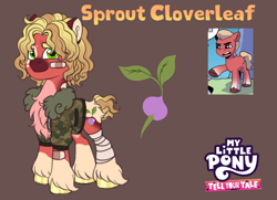 Size: 1280x925 | Tagged: safe, artist:malinraf1615, sprout cloverleaf, earth pony, pony, g5, alternate design, alternate hairstyle, alternate tailstyle, bandage, bandaged leg, bandaid, blonde mane, blonde tail, brown background, butt fluff, camouflage, chest fluff, clothes, coat markings, colored ears, colored eyebrows, colored hooves, colored muzzle, colored pinnae, facial markings, green eyes, hooves, jacket, male, orange text, red coat, redesign, reference used, shaggy mane, shaggy tail, shiny hooves, shirt, simple background, smiling, socks (coat markings), solo, stallion, tail, text, unshorn fetlocks, yellow hooves