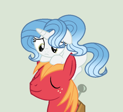 Size: 614x558 | Tagged: safe, artist:roseloverofpastels, big macintosh, oc, oc:clear crystal, earth pony, pony, unicorn, big macintosh's yoke, duo, duo male and female, eyes closed, father and child, father and daughter, female, filly, foal, freckles, frown, gradient mane, gradient tail, horn, horse collar, looking at someone, male, offspring, on head, parent:big macintosh, parent:fancypants, parent:rarity, parents:raripants, pony hat, riding, simple background, smiling, stallion, step-father, step-parent and step-child, style emulation, tail, yoke