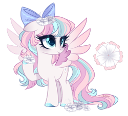 Size: 1920x1750 | Tagged: safe, artist:afterglory, oc, oc only, pegasus, pony, g4, adoptable, bangs, blue bow, blue eyes, blue hooves, blushing, bow, colored eartips, colored hooves, colored wings, colored wingtips, eye clipping through hair, eyelashes, female, floppy ears, flower, gradient ears, gradient wings, hair accessory, hair bow, hoof hold, hooves, long mane, long tail, magical lesbian spawn, mane accessory, mare, multicolored mane, multicolored tail, nose blush, offspring, parent:blossomforth, parent:fluttershy, parents:blossomshy, pink wingtips, purple blush, purple coat, shiny eyelashes, shiny eyes, shiny hooves, signature, simple background, smiling, solo, spread wings, standing, tail, transparent background, wavy mane, wavy tail, wings