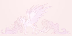 Size: 2048x1024 | Tagged: safe, artist:dementra369, princess celestia, alicorn, pony, g4, colored hooves, colored wings, female, fetlock tuft, full body, hoers, hooves, horn, impossibly long mane, impossibly long tail, large wings, leonine tail, long horn, long mane, looking down, mare, pink background, redesign, sad, simple background, solo, spread wings, standing, tail, tail fluff, two toned wings, wings