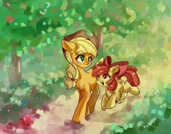 Size: 2533x2000 | Tagged: safe, artist:lendftcn, apple bloom, applejack, earth pony, pony, g4, apple, apple tree, duo, duo female, female, filly, foal, jumping, mare, siblings, sisters, tree