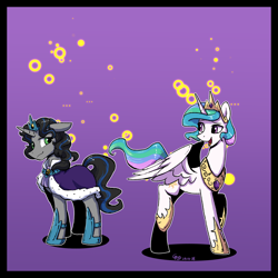 Size: 2000x2000 | Tagged: safe, artist:brella, king sombra, princess celestia, alicorn, unicorn, g4, 2018, cape, clothes, crown, duo, duo male and female, female, good king sombra, good queen umbra, gradient background, hoof shoes, horn, jewelry, looking at each other, looking at someone, male, mare, open mouth, open smile, partially open wings, peytral, prince solaris, purple background, queen umbra, raised hoof, regalia, rule 63, ship:celestibra, shipping, simple background, smiling, stallion, straight, tiara, turned head, wings