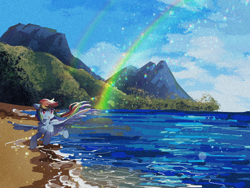 Size: 2160x1620 | Tagged: safe, artist:lendftcn, rainbow dash, pegasus, pony, g4, beach, cloud, female, film grain, flying, mare, mountain, ocean, open mouth, rainbow, sand, sky, solo, spread wings, water, wings