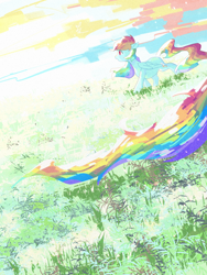 Size: 1620x2160 | Tagged: safe, artist:lendftcn, rainbow dash, pegasus, pony, g4, amazed, bright, colorful, female, film grain, floppy ears, grass, grass field, impossibly long tail, looking at something, looking away, mare, no pupils, open mouth, outdoors, solo, tail, walking, wings