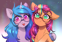 Size: 2095x1435 | Tagged: safe, artist:avrameow, izzy moonbow, sunny starscout, earth pony, pony, unicorn, g5, :p, duo, duo female, ear fluff, female, glasses, horn, looking at you, mane stripe sunny, mare, one ear down, tongue out, unshorn fetlocks