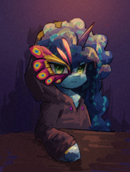 Size: 1620x2160 | Tagged: safe, artist:lendftcn, misty brightdawn, pony, unicorn, g5, female, frown, horn, looking at you, mare, mask, serious, solo