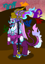Size: 1000x1414 | Tagged: safe, artist:zetikoopa, opaline arcana, dragon, g5, alexandrite arcane, amalgamation, female to male, four arms, hammer, male, multiple arms, multiple tails, rule 63, species swap, tail, tail hand, two tails, war hammer, weapon