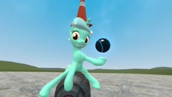 Size: 1920x1080 | Tagged: safe, artist:ports2005, lyra heartstrings, pony, unicorn, g4, 3d, ball, combine, female, flatgrass, gmod, half-life, happy, horn, hoverball, looking at you, solo, traffic cone