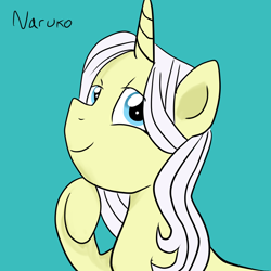 Size: 1280x1280 | Tagged: safe, artist:wrath-marionphauna, lily lace, pony, unicorn, g4, female, horn, mare, no clothes, posing for photo, raised hoof, simple background, smiling, solo, teal background