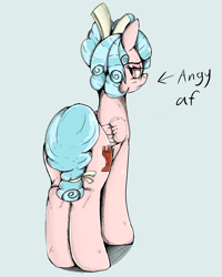 Size: 1042x1301 | Tagged: safe, artist:itzsirrice, cozy glow, pegasus, pony, g4, covering, female, looking back, mare, older, older cozy glow, solo, tail, tail covering, text, unamused