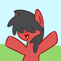 Size: 2000x2000 | Tagged: safe, artist:anonymous, oc, oc only, earth pony, pony, g4, /bale/, bipedal, black mane, colored, cute, doodle, earth pony oc, female, hair covering face, happy, mare, open mouth, outdoors, red and black oc, red coat, solo