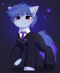 Size: 3260x4007 | Tagged: safe, artist:empress-twilight, oc, oc only, earth pony, pony, cheek fluff, clothes, commission, ear fluff, earth pony oc, eye clipping through hair, eyebrows, eyebrows visible through hair, flower, looking at you, male, necktie, raised hoof, solo, stallion, suit, tail, ych result