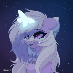 Size: 2000x2000 | Tagged: safe, artist:skyboundsiren, oc, oc only, oc:siren andromeda, alien, alien pony, butterfly, pegasus, bow, ears back, female, glowing, glowing eyes, glowing freckles, hair bow, looking at something, night, night sky, simple background, sky, smiling, stars