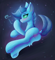 Size: 3200x3500 | Tagged: safe, artist:gaffy, oc, oc only, changeling, blushing, butt, butt focus, changeling oc, commission, dock, featureless crotch, female, heart, horn, lying down, mare, misleading thumbnail, on side, plot, solo, tail, underhoof