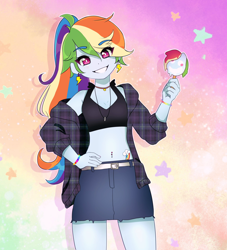 Size: 2000x2200 | Tagged: safe, artist:screebs, rainbow dash, human, equestria girls, g4, adorasexy, belly, belly button, belly piercing, belt, blushing, bra, bracelet, clothes, colored eyebrows, cute, cutie mark accessory, cutie mark earrings, cutie mark tattoo, dashabetes, denim, denim skirt, ear piercing, earring, eye clipping through hair, eyebrows, eyebrows visible through hair, female, food, gradient background, hand on hip, high res, jacket, jewelry, looking at you, midriff, necklace, piercing, plaid jacket, ponytail, popsicle, sexy, shadow, skirt, smiling, smiling at you, solo, sports bra, stars, summer, tattoo, underwear, white pupils