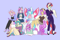 Size: 6000x4000 | Tagged: safe, artist:mscolorsplash, oc, oc only, oc:chai leche, oc:curious query, oc:flux key, oc:icy hot, oc:post haste, oc:quickdraw, oc:shooting star, pegasus, unicorn, anthro, barista, bat eyes, big family, boob window, boots, bow, bowtie, breasts, butterfly wings, cellphone, charm, cleavage, clothes, coat markings, commissioner:dhs, couch, cowboy boots, cowboy hat, cup, cute, doctor, dreamcatcher, eye lashes, eyeshadow, facial markings, family, female, flats, freckles, gloves, goggles, hairpin, handkerchief, hat, headphones, heart, horn, jewelry, kneeling, kneesocks, lab coat, lipstick, looking at you, lots of characters, lying down, makeup, military uniform, mother and child, mother and daughter, musician, name, necktie, one eye covered, phone, pose, ring, saucer, sexy, shoes, shorts, simple background, sitting, skirt, smiling, socks, socks (coat markings), stethoscope, tassels, teacup, text, uniform, wedding ring, wings, zipper