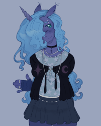 Size: 950x1184 | Tagged: safe, artist:onionpwder, princess luna, alicorn, anthro, g4, arm behind back, blouse, blue background, blue eyelashes, blush lines, blushing, cardigan, choker, clothes, colored eyelashes, cross, cross necklace, cute, ear piercing, earring, eyebrow piercing, fingerless gloves, floppy ears, gloves, gothic, hair over one eye, horn, jewelry, looking back, lunabetes, miniskirt, necklace, piercing, pleated skirt, raised hand, requested art, ring, s1 luna, simple background, skirt, smiling, solo, unicorn horn, wavy mane, whimsigothic, wingless, wingless alicorn