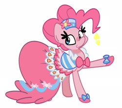 Size: 2461x2176 | Tagged: safe, artist:kindakismet, pinkie pie, earth pony, pony, g4, season 1, suited for success, clothes, colored, curly mane, cute, diapinkes, dress, emanata, eyelashes, female, flat colors, frilly dress, gala dress, gown, hat, hoof shoes, looking back, mare, pink dress, pinkie pie's first gala dress, raised hoof, scene interpretation, simple background, smiling, solo, standing, white background