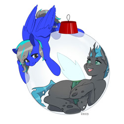 Size: 2000x2000 | Tagged: safe, artist:erein, oc, oc only, oc:kalach, oc:star shine, changeling, pegasus, pony, bauble, changeling oc, christmas, christmas ornament, colored, commission, cute, decoration, duo, ears up, female, flat colors, gray eyes, happy, high res, holiday, horn, looking at each other, looking at someone, male, multicolored hair, multicolored tail, oc x oc, pegasus oc, shipping, simple background, smiling, tail, white background, wings