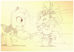 Size: 1785x1265 | Tagged: safe, artist:sherwoodwhisper, oc, oc only, oc:eri, oc:whisper, mouse, pony, unicorn, bindweed, cape, clothes, female, filly, flower, foal, horn, male, monochrome, plant, plant pot, sweat, vine, watering, watering can