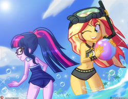 Size: 1942x1500 | Tagged: safe, artist:dieart77, sci-twi, sunset shimmer, twilight sparkle, human, equestria girls, g4, bangs, bare shoulders, beach ball, belly, belly button, bikini, bikini bottom, bikini top, bubble, clothes, cloud, cutie mark on clothes, dive mask, duo, duo female, female, goggles, ocean, one-piece swimsuit, open mouth, open smile, palm tree, patreon, patreon logo, ponytail, sci-twi swimsuit, sky, sleeveless, smiling, sparkles, sun, sunlight, sunset shimmer swimsuit, swimsuit, tree, water