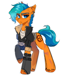 Size: 3977x4553 | Tagged: safe, artist:star-theft, oc, oc only, unnamed oc, earth pony, pony, fallout equestria, blue eyes, blue mane, blue pupils, blue tail, cheek fluff, chin fluff, clothes, colored eyebrows, colored hooves, colored pinnae, colored pupils, colored sketch, concave belly, ear piercing, ear tufts, earring, earth pony oc, eyebrow slit, eyebrows, freckles, frown, fur jacket, hoofless socks, hooves, jacket, jewelry, leather, leather jacket, leg scar, long legs, male, mercenary, narrowed eyes, neck scar, oc redesign, orange coat, orange hooves, piercing, popped collar, shiny eyes, shiny hooves, shiny mane, shiny tail, simple background, sketch, slender, socks, solo, stallion, standing, straps, tail, thin, transparent background, two toned mane, two toned tail, unshorn fetlocks