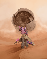 Size: 2057x2607 | Tagged: safe, artist:zeepheru_pone, twilight sparkle, pony, sandworm, shai-hulud, unicorn, g4, atg 2024, blue eyes, blue sclera, butt, cape, clothes, desert, dune, female, fremen, hook, horn, mare, mawshot, monster, newbie artist training grounds, open mouth, plot, robe, sand, solo, stillsuit, underhoof