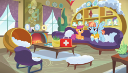 Size: 1920x1090 | Tagged: artist needed, safe, alternate version, anonymous artist, artist:cloudy glow, artist:moongazeponies, princess celestia, scootaloo, windy whistles, pegasus, pony, fanfic:a surprise visit, g4, alternate, bandage, clothes, cloud pillow, couch, curtains, cute, cutealoo, daaaaaaaaaaaw, duo, duo female, fanfic art, female, figurine, filly, fireplace, first aid, first aid kit, foal, grin, interior, jacket, living room, looking at each other, looking at someone, mare, mother and child, mother and daughter, plate, scootadoption, scootalove, smiling, smiling at each other, spread wings, story in the source, sweet dreams fuel, wholesome, window, windybetes, wings