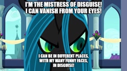 Size: 888x499 | Tagged: artist needed, safe, anonymous artist, edit, edited screencap, screencap, queen chrysalis, changeling, changeling queen, a canterlot wedding, g4, season 2, adorabolical, adoraevil, canterlot, caption, cute, cutealis, evil smile, female, image macro, lazytown, master of disguise, meme, reference, reference in the description, robbie rotten, room, singing, smiling, solo, song in the description, song parody, text, this day aria