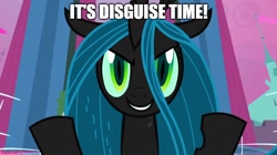 Size: 888x499 | Tagged: artist needed, safe, anonymous artist, edit, edited screencap, screencap, queen chrysalis, changeling, changeling queen, a canterlot wedding, g4, season 2, adorabolical, adoraevil, canterlot, caption, cute, cutealis, evil smile, female, image macro, lazytown, master of disguise, meme, reference, reference in the description, robbie rotten, room, singing, smiling, solo, song parody, text