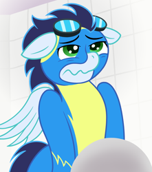 Size: 3500x3967 | Tagged: safe, artist:sweetielover, soarin', pegasus, g4, atg 2024, bathroom, clothes, desperation, ears back, goggles, high res, implied pissing, kink, male, need to pee, newbie artist training grounds, omorashi, potty emergency, potty time, relaxed, relief, relieved, solo, spread wings, toilet, uniform, wings, wonderbolts, wonderbolts uniform