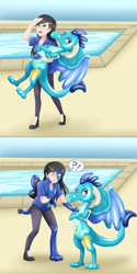 Size: 2500x5010 | Tagged: safe, artist:nieyx, princess ember, oc, oc:emma, dragon, human, g4, 2 panel comic, air nozzle, anime style, carrying, clothes, comic, commission, crossed arms, disappearing clothes, dragon oc, dragoness, duo, duo female, exclamation point, female, hairclip, hand on head, handles, high res, human oc, human to dragon, inanimate tf, inflatable, interrobang, jacket, label, looking at self, non-pony oc, open mouth, open smile, pants, pool toy, question mark, rubber, seams, shiny, shirt, shocked, shocked expression, shoes, smiling, speech bubble, sweat, sweatdrops, swimming pool, transformation, transformation sequence, wide eyes