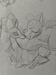 Size: 1616x2160 | Tagged: safe, artist:sparjechkaa, spike, thorax, changedling, changeling, dragon, g4, adult, adult spike, bust, cute, duo, duo male, eyes closed, future, gay, headcanon, king thorax, kissing, male, nose kiss, old art, older, older spike, romantic, ship:thoraxspike, shipping, sketch, thorabetes, traditional art