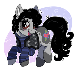 Size: 2000x1900 | Tagged: safe, artist:pink-pone, oc, oc only, unnamed oc, earth pony, pony, artfight, beauty mark, black mane, black tail, blush scribble, blushing, brown eyes, clothes, colored ear fluff, colored pinnae, curly mane, curly tail, ear fluff, earth pony oc, eyelashes, gift art, gray coat, in air, leg markings, long sleeved shirt, long sleeves, male, open mouth, open smile, outline, ponysona, raised hooves, raised leg, shirt, short mane, signature, simple background, smiling, solo, splotches, stallion, striped shirt, tail, text, trans male, transgender, transgender oc, vest, white background, white text
