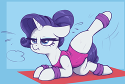 Size: 2600x1750 | Tagged: safe, artist:t72b, derpibooru exclusive, rarity, pony, unicorn, g4, angry, belly, clothes, cute, exercise, eyeshadow, female, grumpy, horn, leotard, lying down, madorable, makeup, mare, pink leotard, prone, raised leg, raribetes, rarity is not amused, rarity's leotard, scrunchy face, simple background, solo, spread legs, spreading, sweat, sweatdrops, unamused, weights