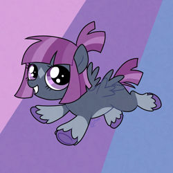 Size: 2048x2048 | Tagged: safe, artist:doodlesinky, oc, oc only, oc:loopdeloop, pegasus, blaze (coat marking), bobcut, coat markings, colored, colored belly, colored hooves, eyelashes, facial markings, female, filly, flat colors, flying, foal, hooves, implied rumbloo, looking back, multicolored background, offspring, pale belly, parent:rumble, parent:scootaloo, parents:rumbloo, ponytail, purple background, purple eyes, purple hooves, short hair, short mane, short tail, signature, smiling, socks (coat markings), solo, spread wings, star (coat marking), straight mane, straight tail, tail, three toned background, tied mane, unshorn fetlocks, wall of tags, wings