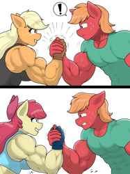 Size: 1280x1707 | Tagged: safe, artist:matchstickman, apple bloom, applejack, big macintosh, earth pony, anthro, g4, abs, apple brawn, apple siblings, apple sisters, applejacked, arm wrestling, biceps, brother and sister, clothes, comic, deltoids, exclamation point, female, fingerless gloves, gloves, great macintosh, grin, gritted teeth, looking at each other, looking at someone, male, mare, muscles, muscular female, muscular male, older, older apple bloom, pecs, shirt, siblings, simple background, sisters, smiling, stallion, surprised, sweat, teeth, triceps, trio, vein, white background