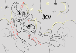 Size: 2360x1640 | Tagged: safe, artist:kristina, oc, oc only, alicorn, earth pony, pegasus, pony, unicorn, advertisement, commission, couple, heart, horn, moon, ych sketch, your character here